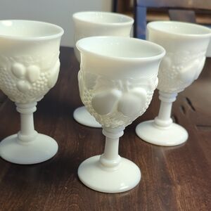 Vintage Milk Glass Goblets with Fruit Motif - Della Robbia